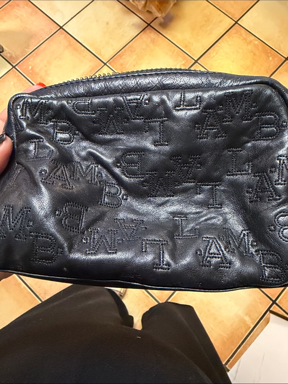 L.A.M.B. Black Leather Cosmetic Pouch with Green Center Stripe - Picture 5 of 9